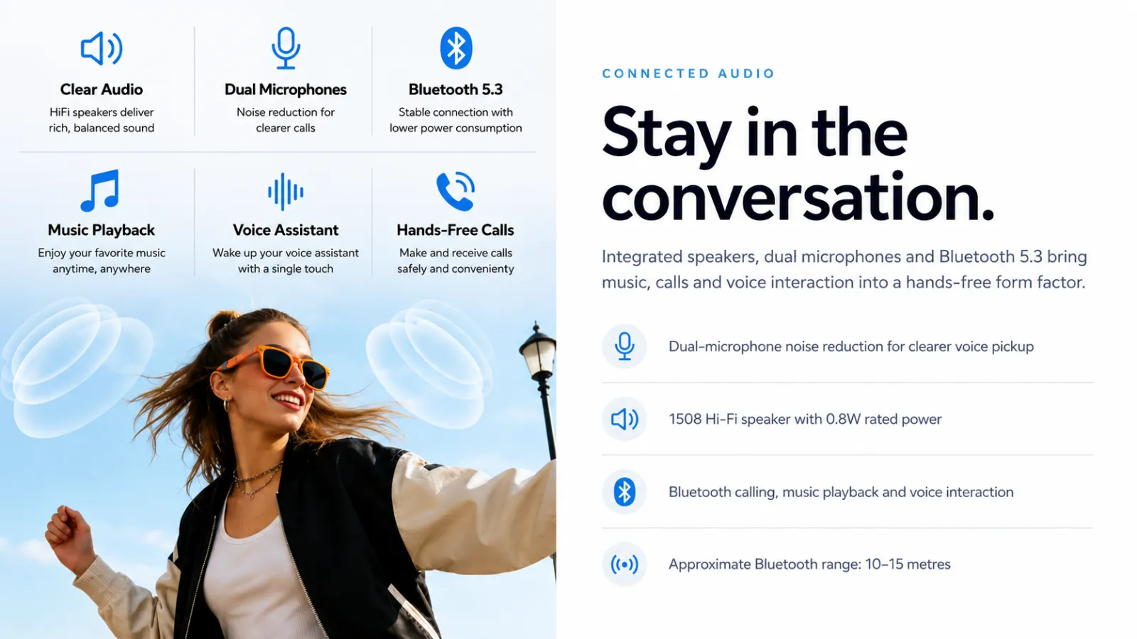 Connected audio — clear audio, dual microphones, Bluetooth 5.3, music playback, voice assistant and hands-free calls feature overview