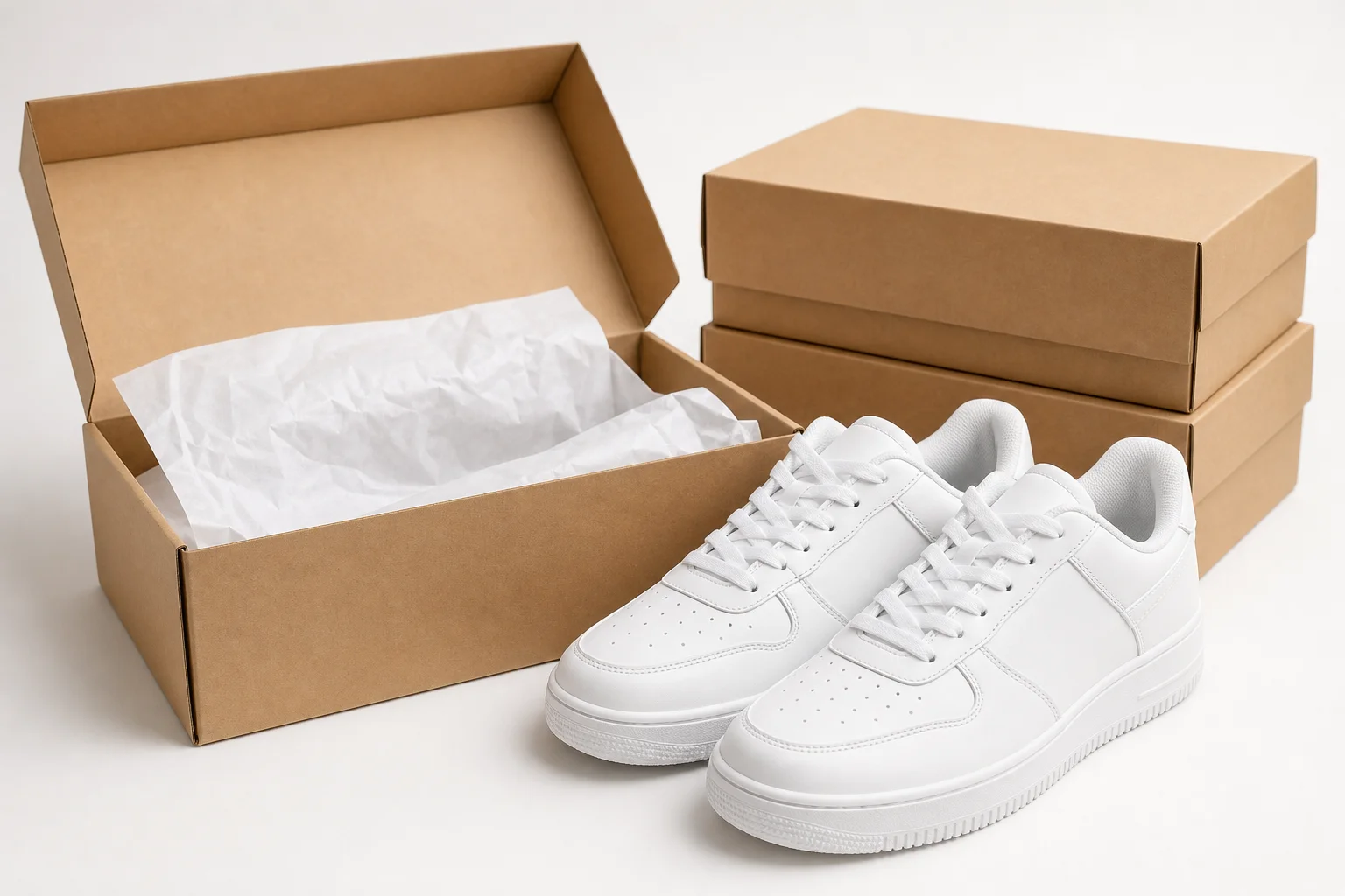 Tenis junto a caja kraft para calzado