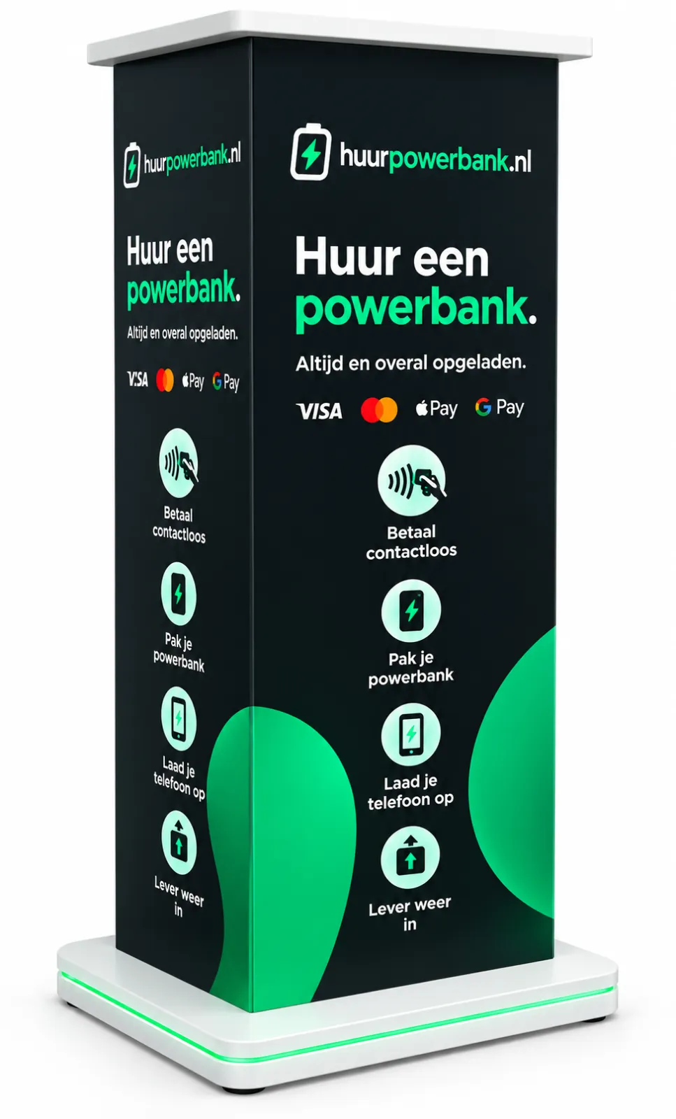 Vrijstaande branded HuurPowerbank.nl-standaard voor professionele plaatsing