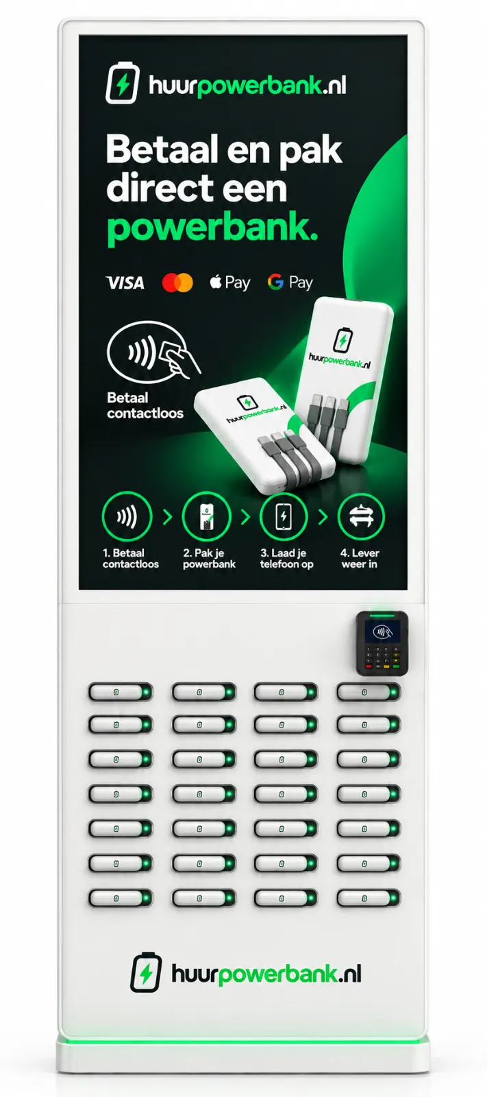 Groot vloerstaand HuurPowerbank.nl-station met hoge capaciteit, contactloze betaalterminal en digitaal display