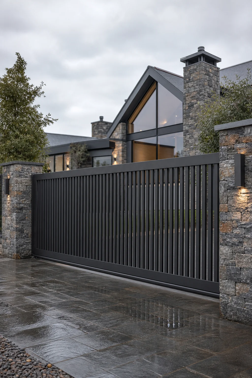 Contemporary aluminium driveway gate at a Scottish home