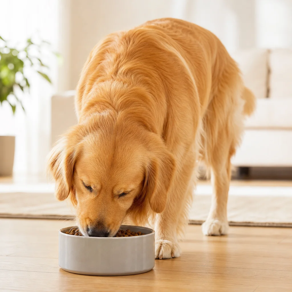 Chien qui mange dans sa gamelle
