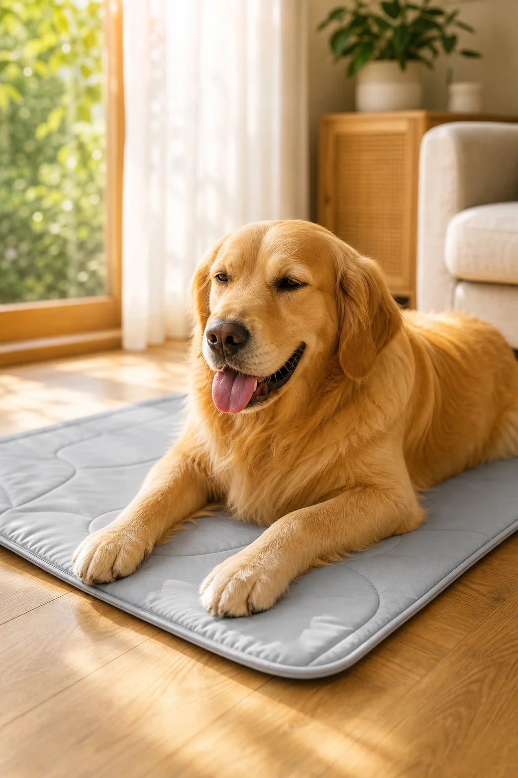 Golden Retriever allongé sur un tapis rafraîchissant