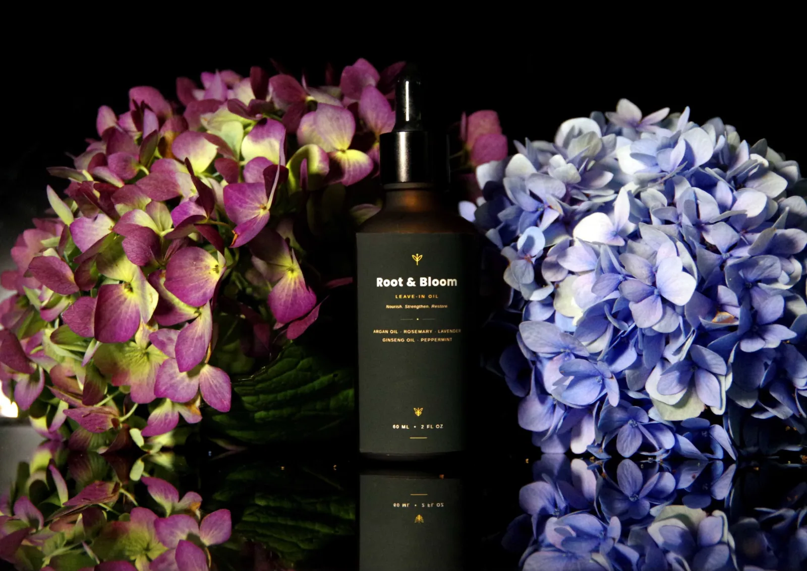 Root and Bloom bottle nestled between purple and blue hydrangeas