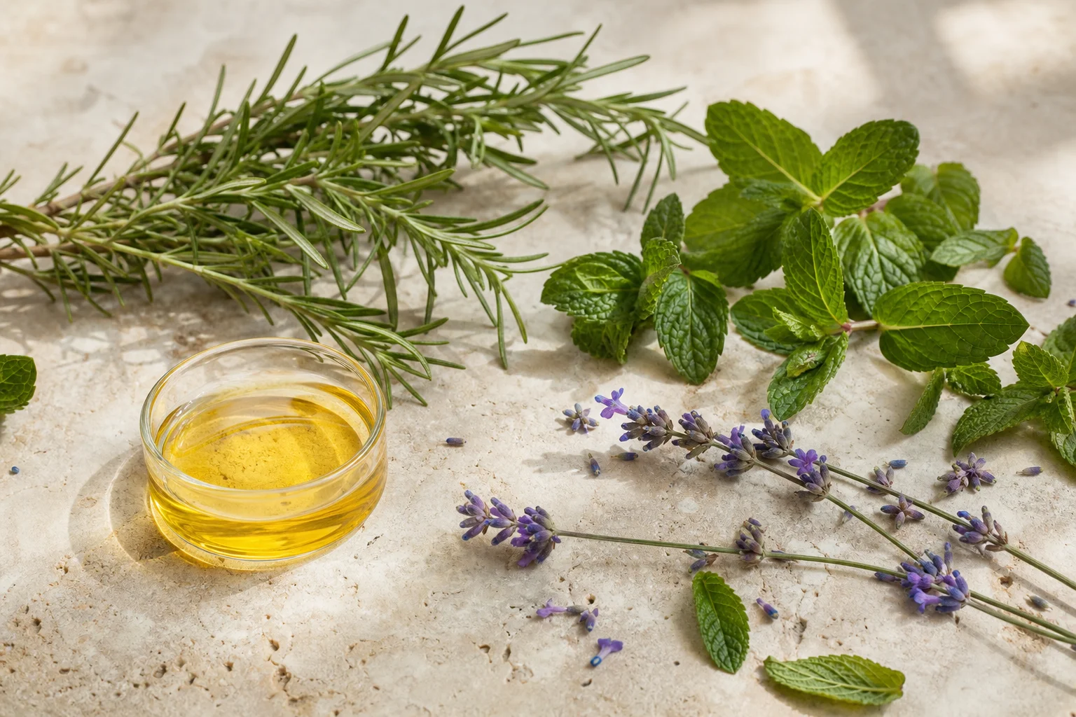 Rosemary, lavender and peppermint beside a glass dish of golden oil on ivory stone