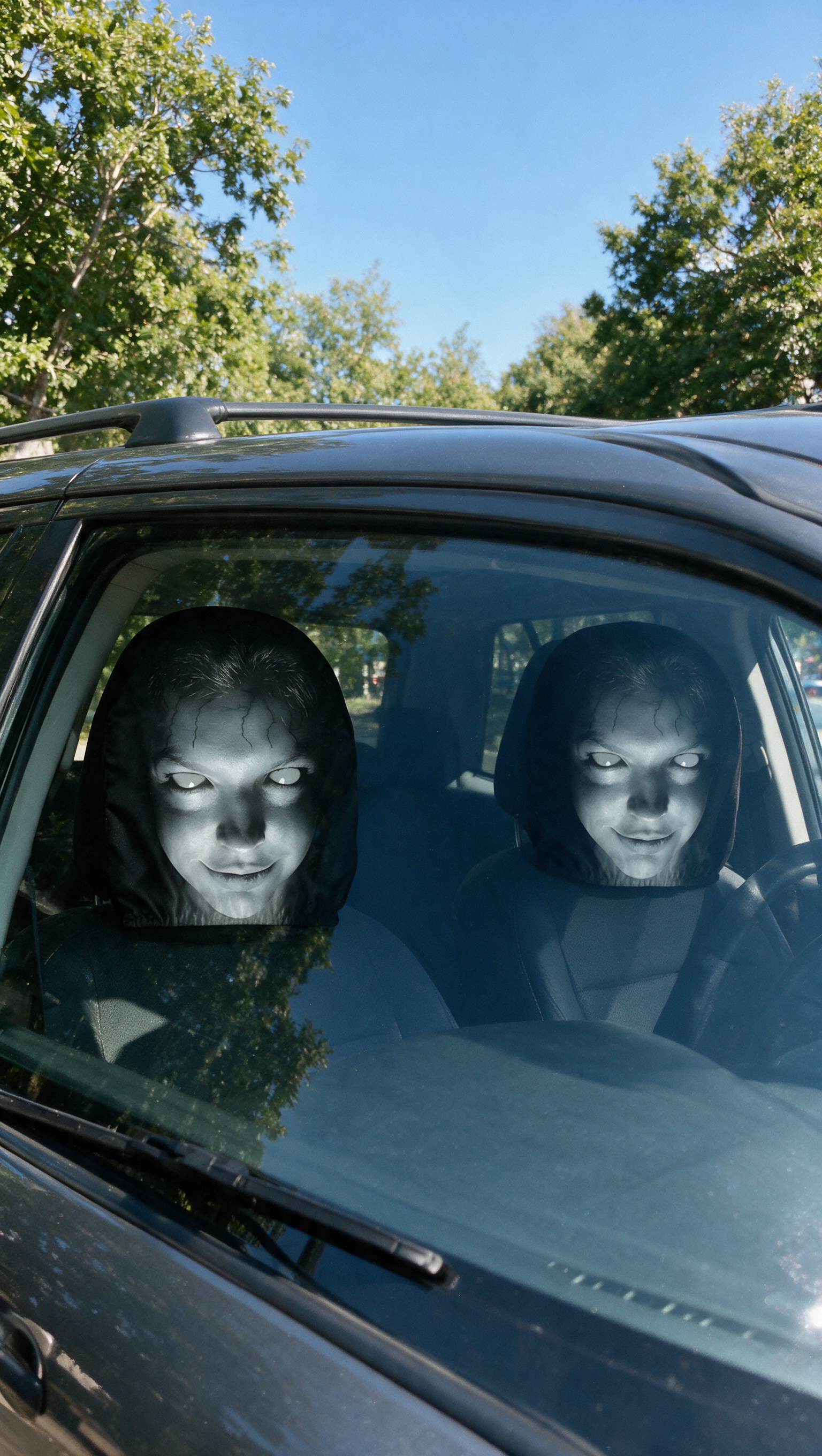 Creepy face headrest covers on the front seats of a car