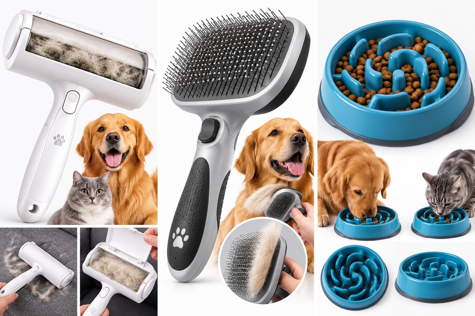 The slicker brush, the pet hair roller and the slow feeder bowl together