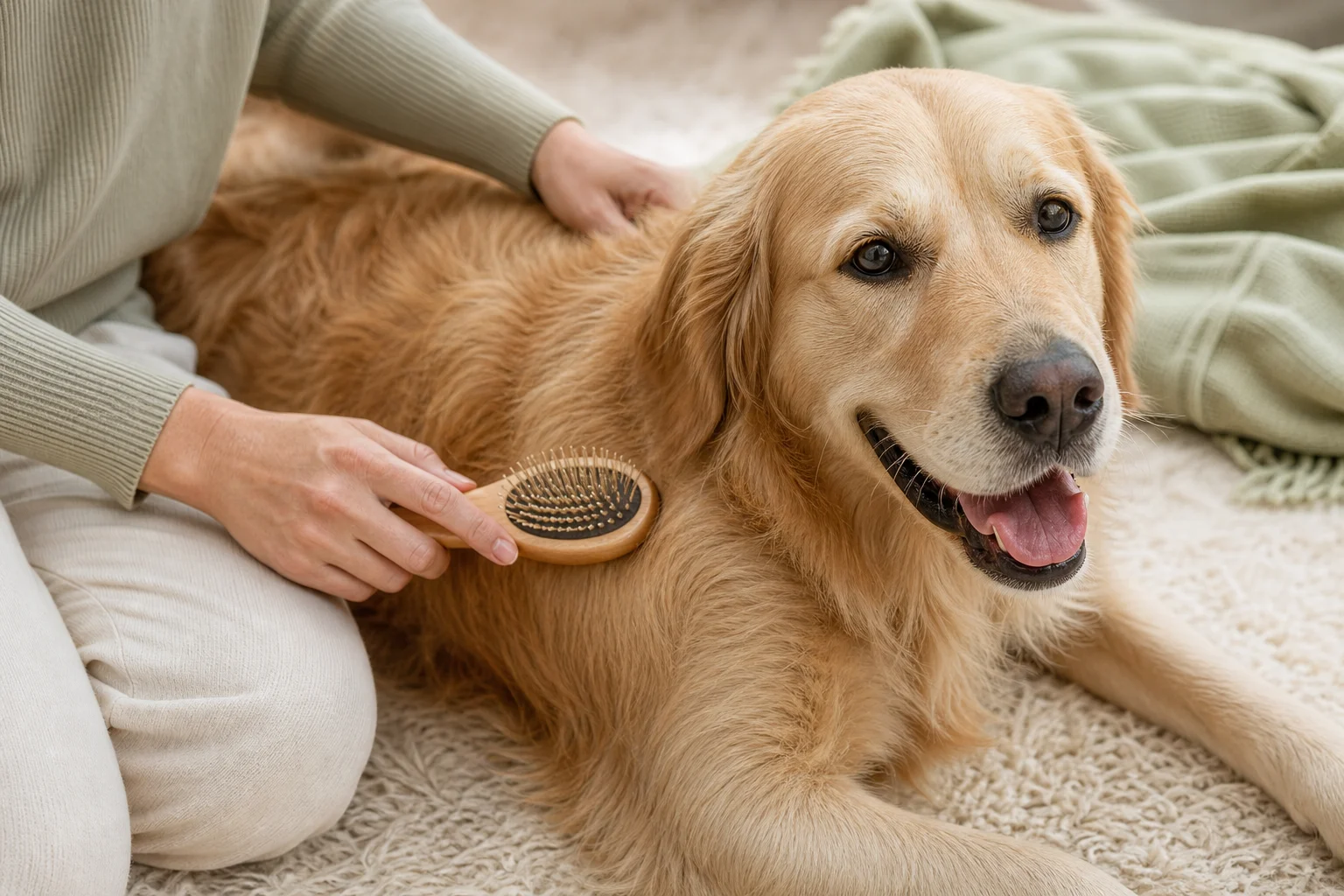 Hands gently brushing a golden retriever at home