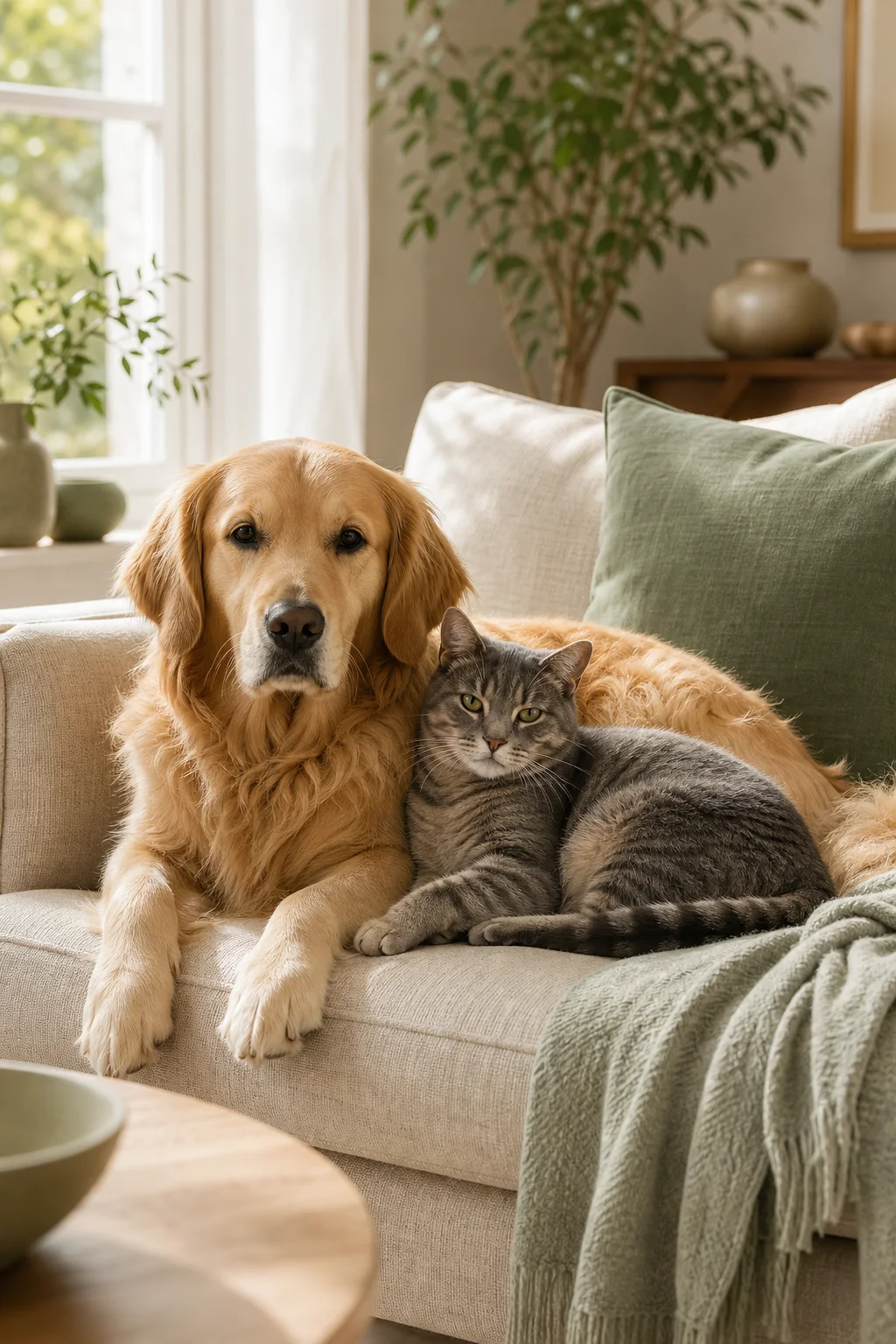 A dog and a cat resting together on a cream sofa
