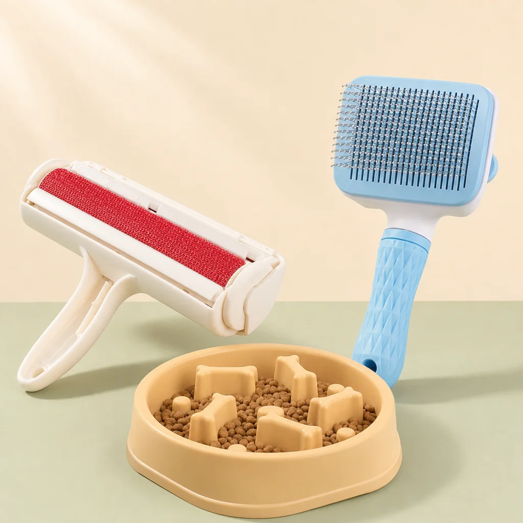 Pet Care Essentials Bundle: self-cleaning slicker brush, one-hand pet hair roller and slow feeder bowl