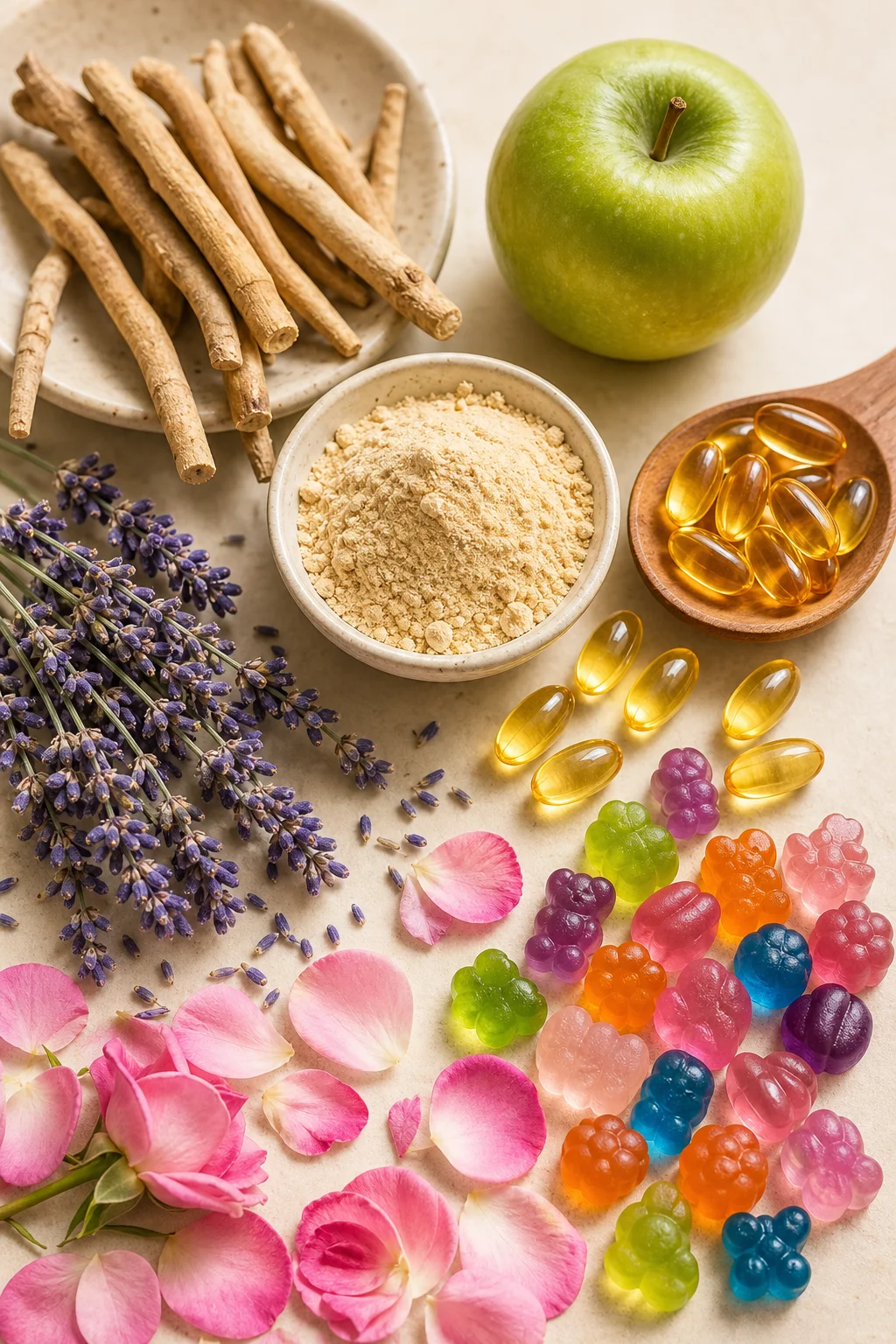 Ashwagandha root, green apple, omega capsules, lavender and colourful gummies