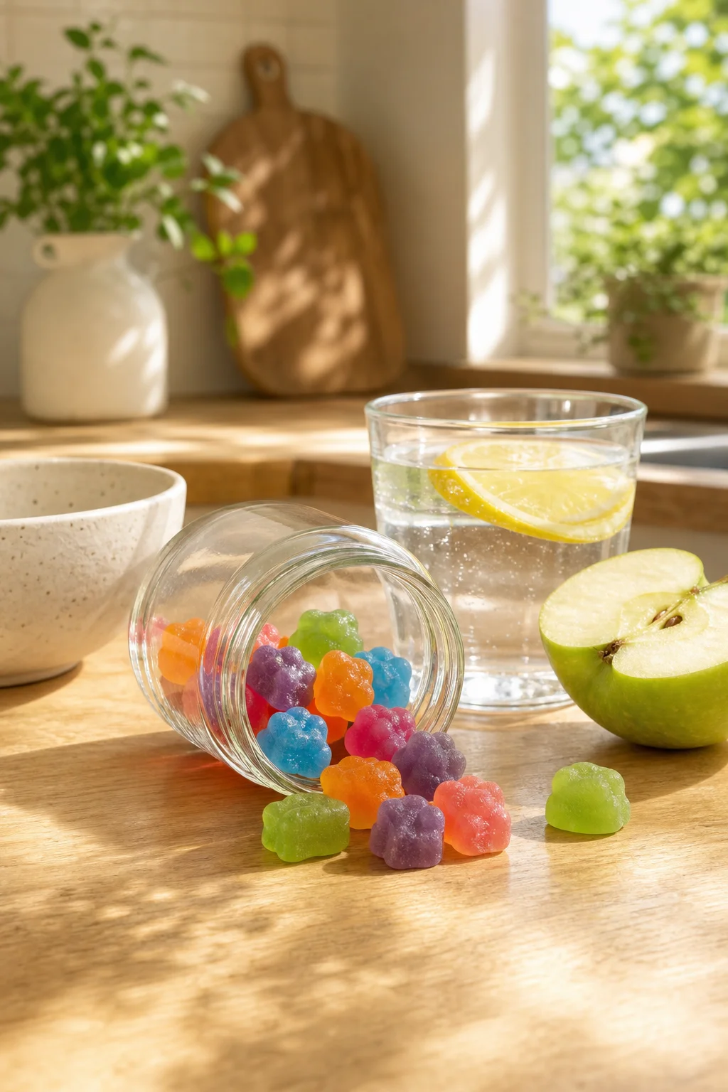Colourful Vitalle gummies on a sunny kitchen counter with a green apple and lemon water