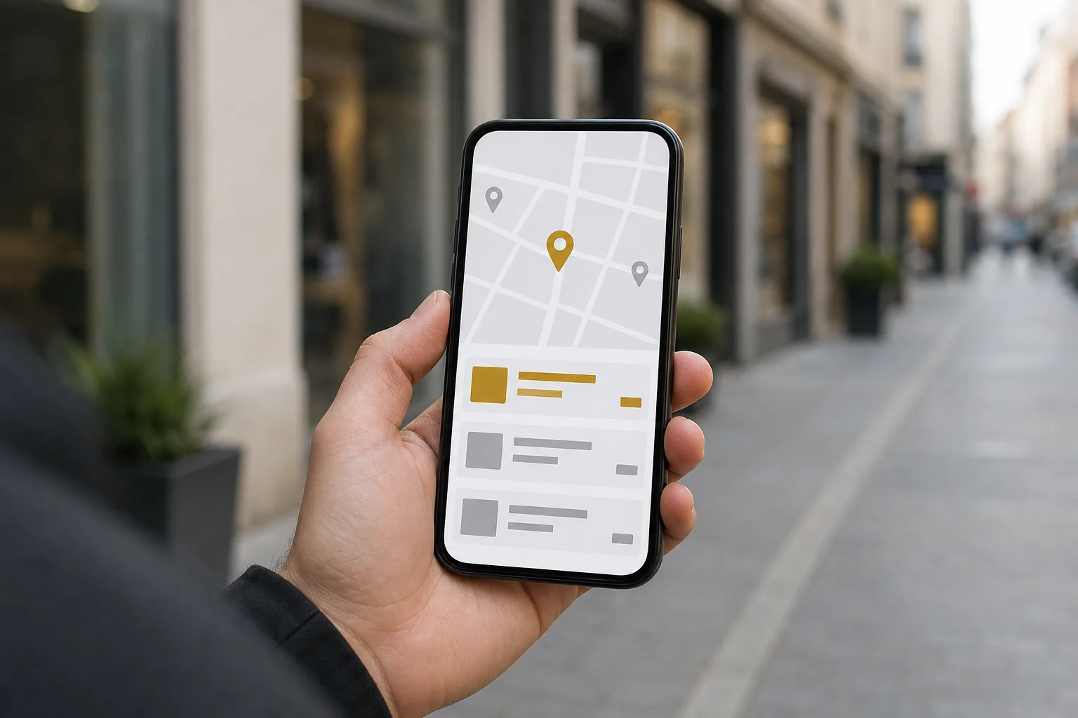 Telefoon met een plattegrond waarop de zaak bovenaan goud gemarkeerd staat