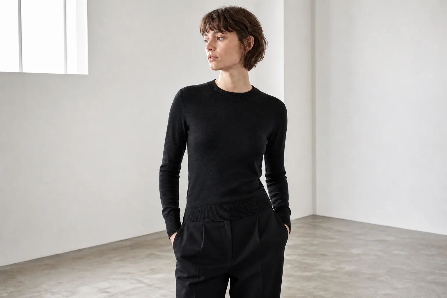 A woman in a black fine-knit sweater standing in a white gallery room