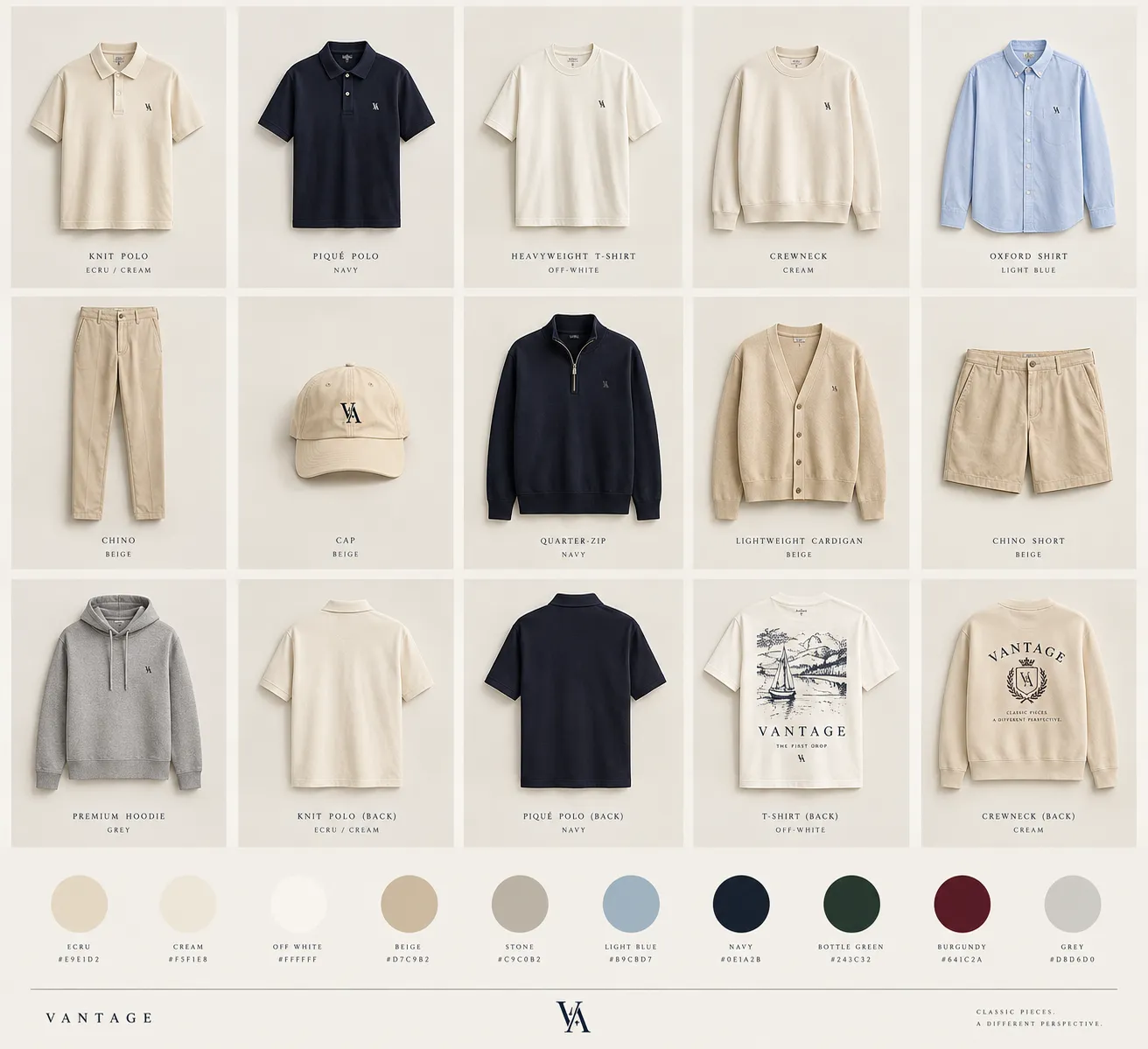 Front and back views of the VANTAGE pieces showing the VA monogram and the original back artwork