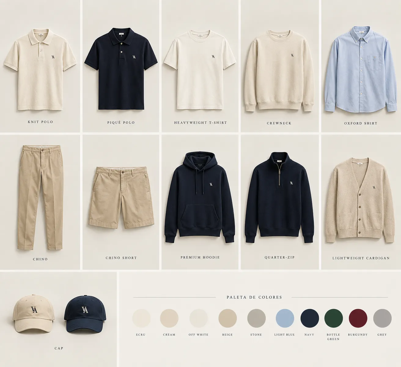 Drop 01 range — every VANTAGE piece with the VA monogram embroidered on the chest
