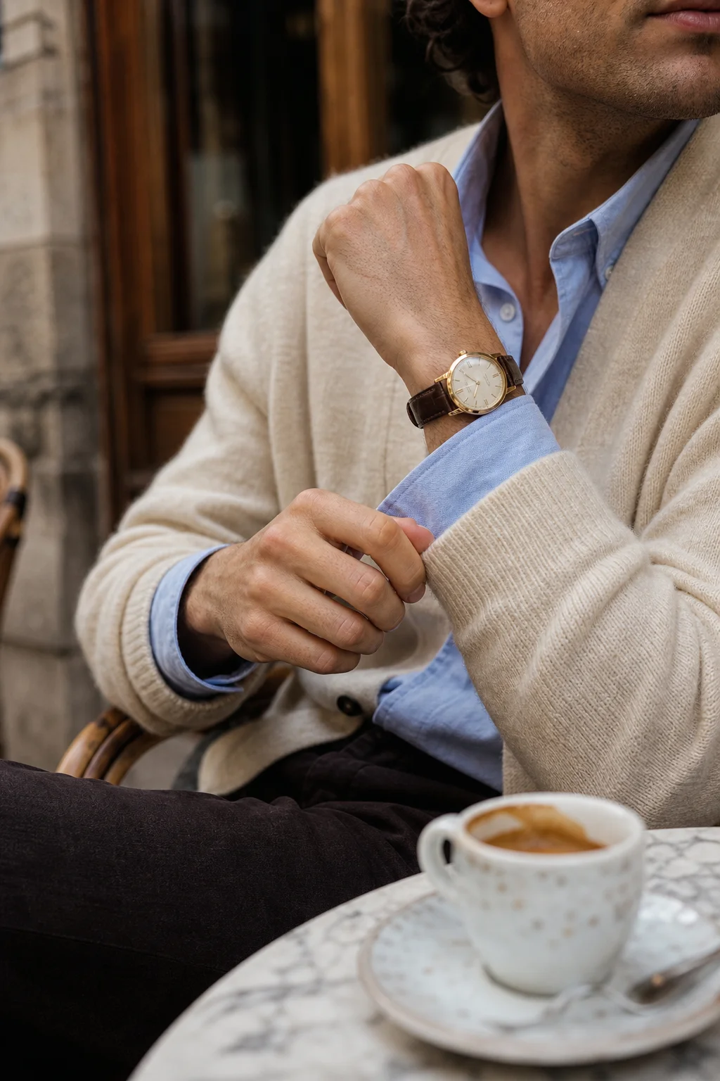 Detalle de puño de camisa oxford bajo un cárdigan en una terraza de café