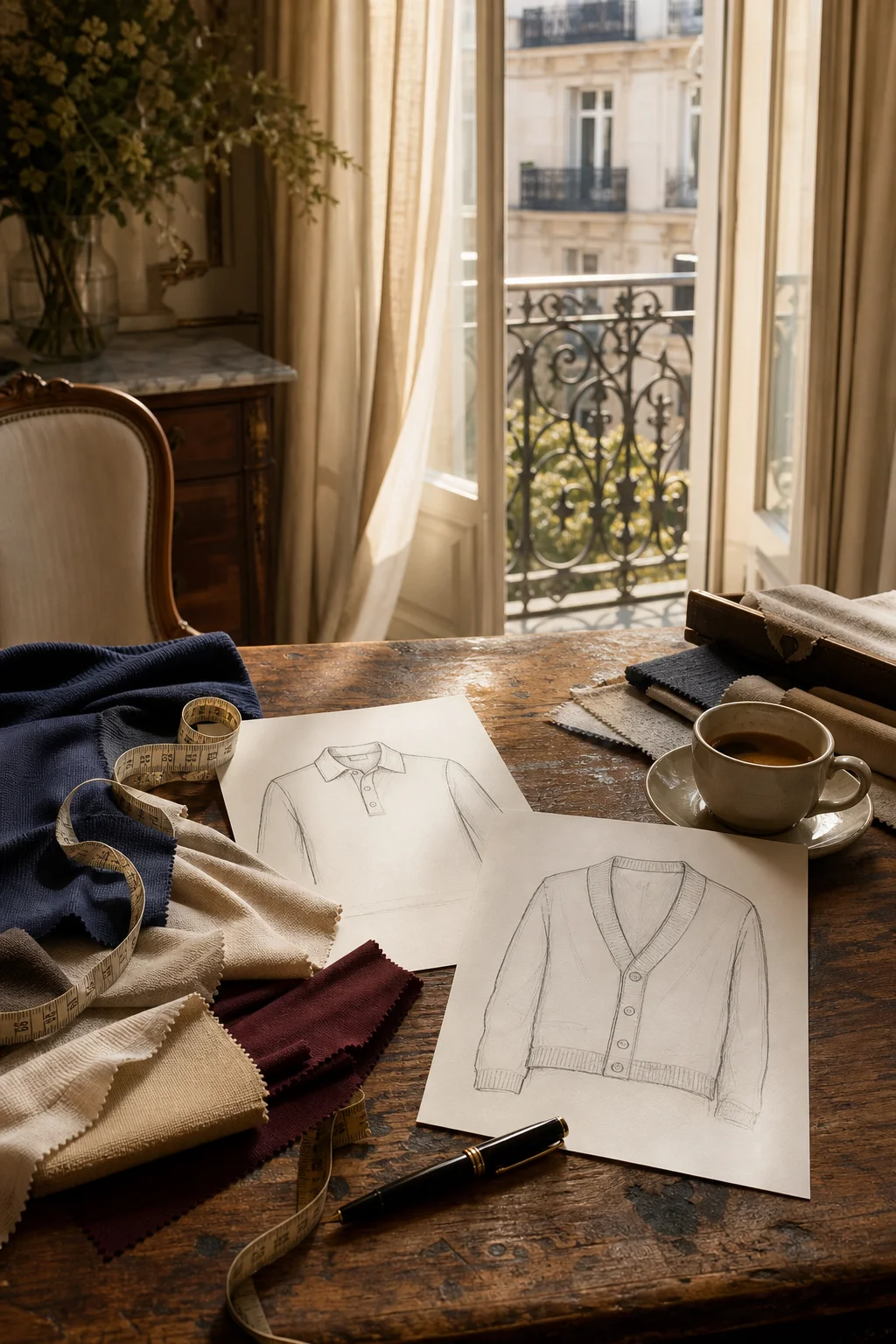 Bocetos, telas y una taza de café sobre una mesa junto al balcón
