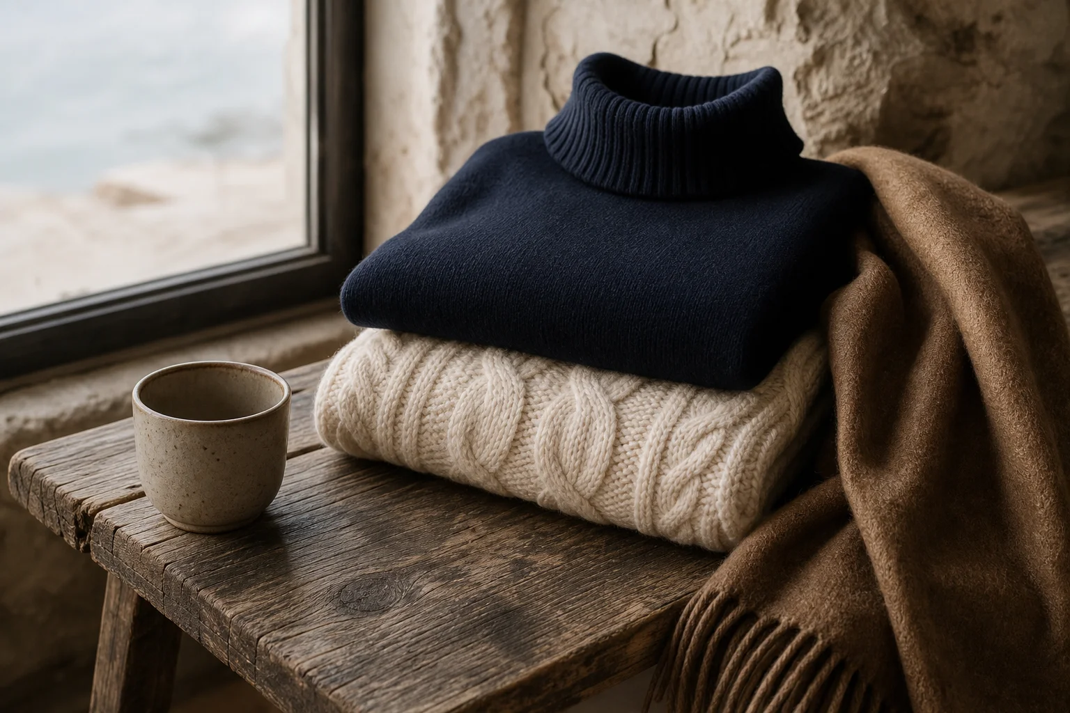 Prendas de punto de invierno sobre un banco de madera