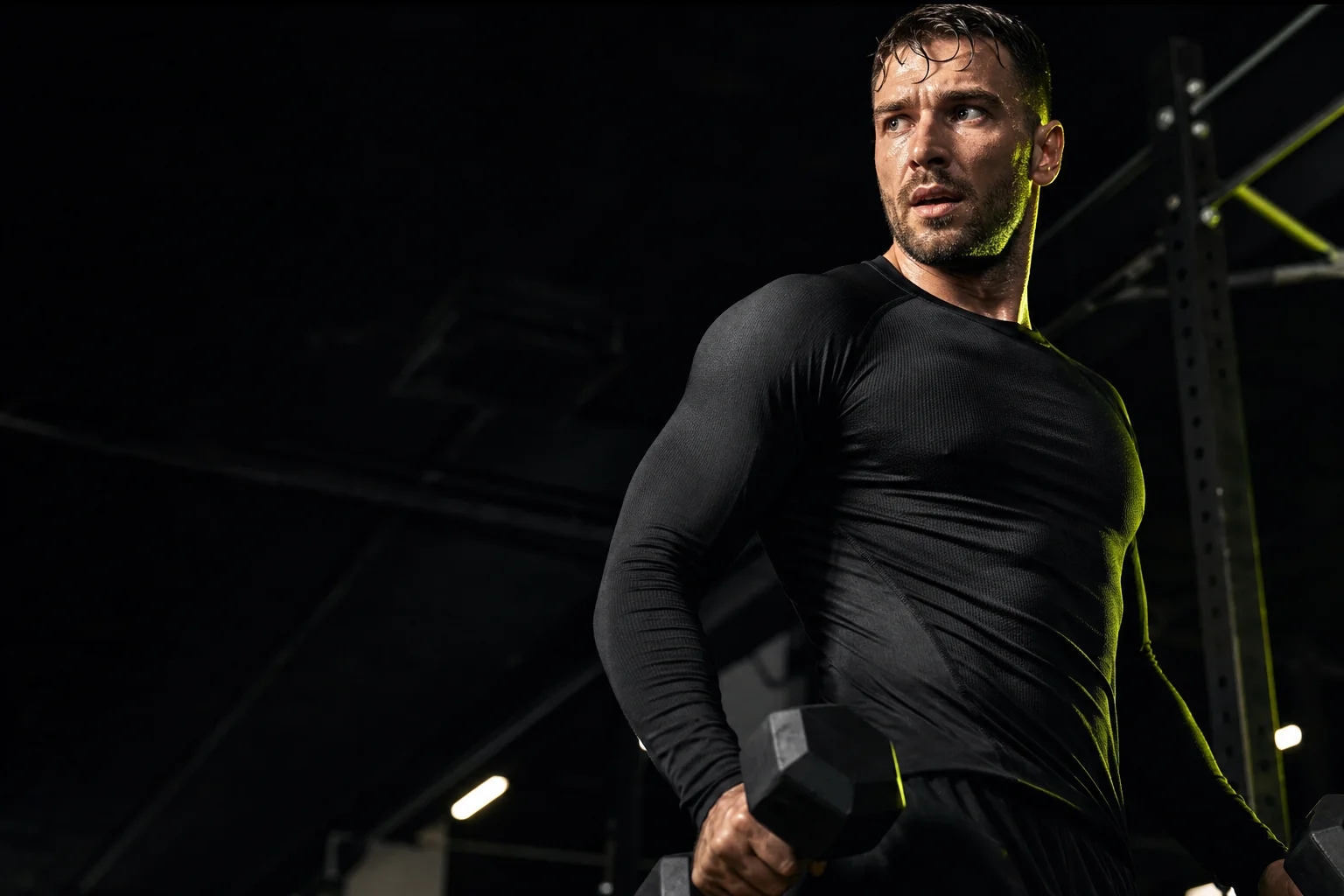 Athlete training in a black compression top