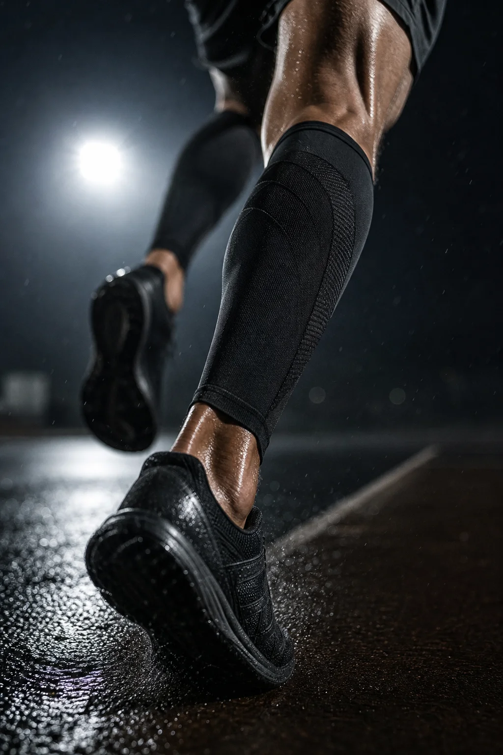 Runner sprinting in compression socks and calf sleeves