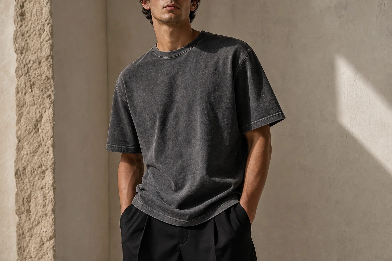 Model wearing a dark heavyweight crew tee