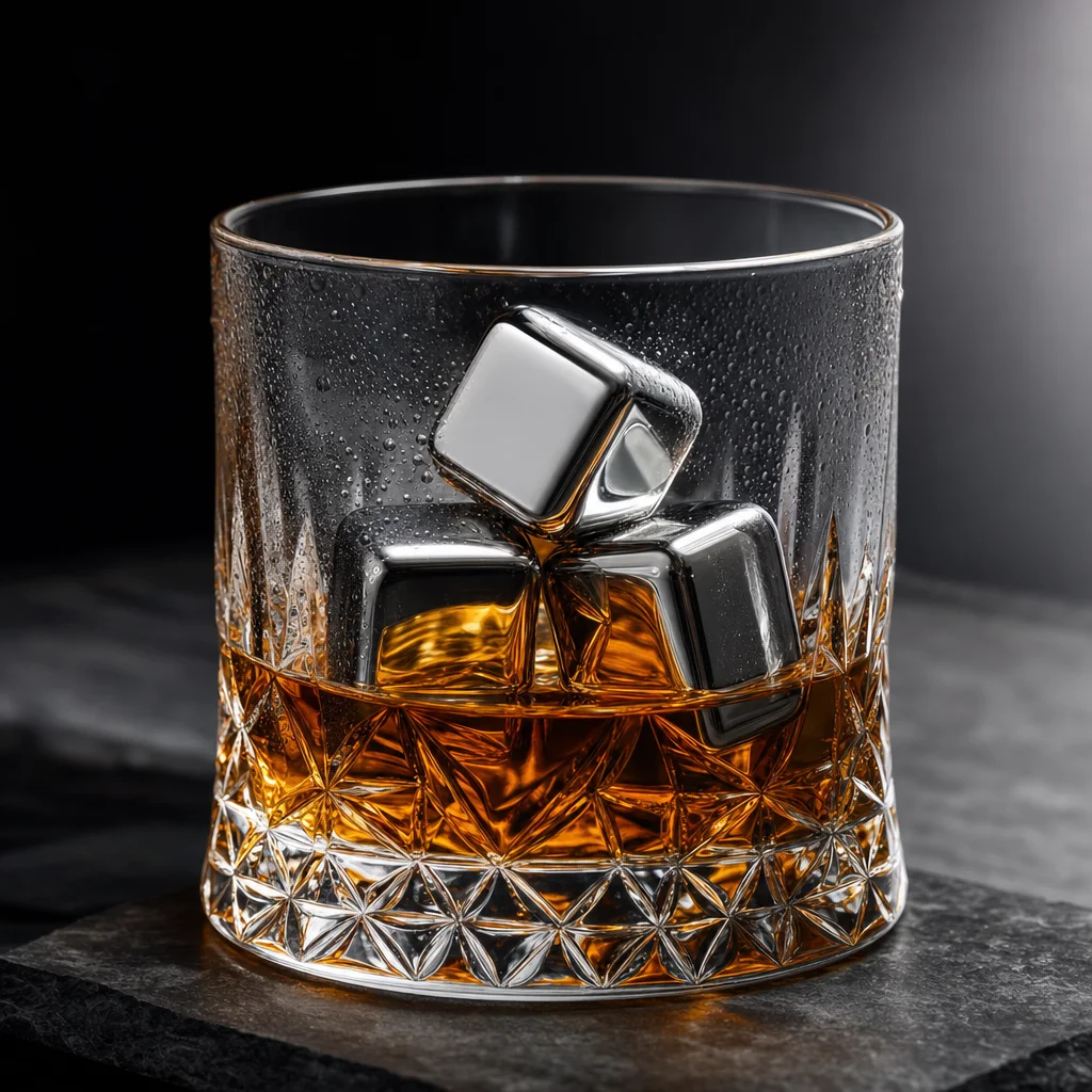 Metallic Ice Cubes chilling a drink at night