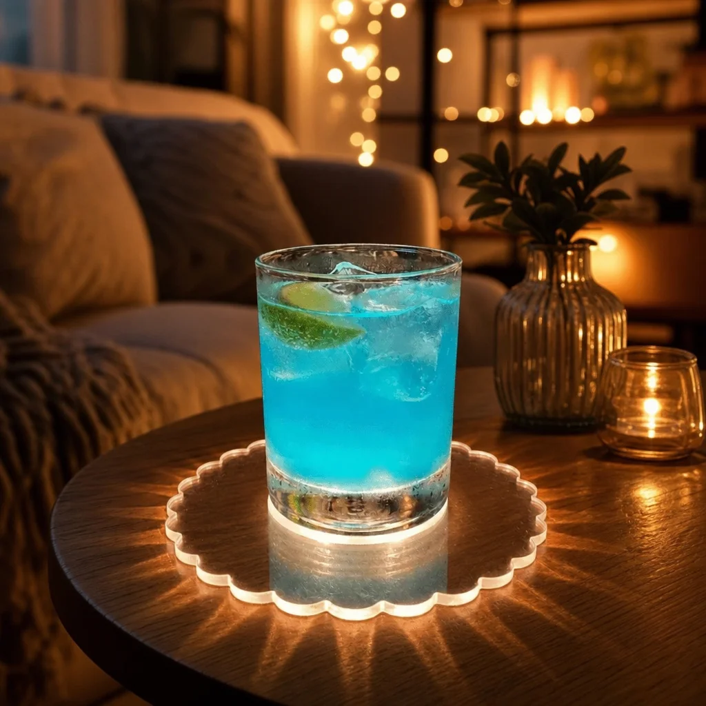 LED glow coasters lit at night