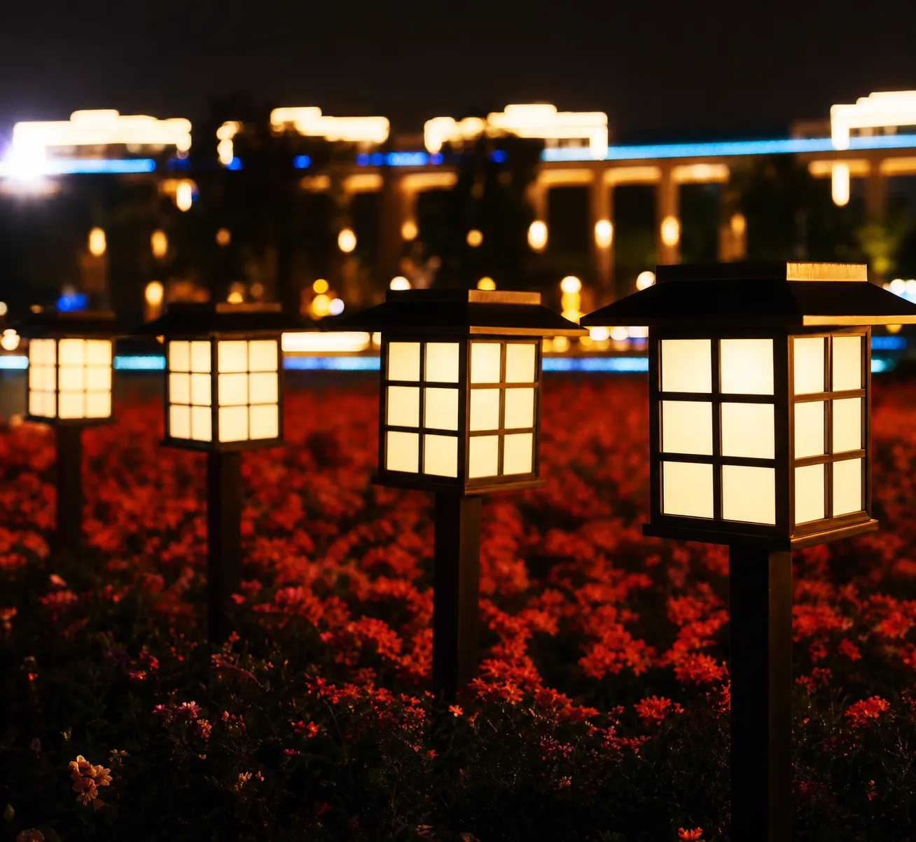 Solar pathway lights casting controlled pools of warm light