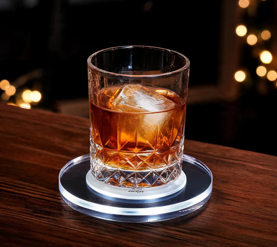 LED glow coasters lit at night