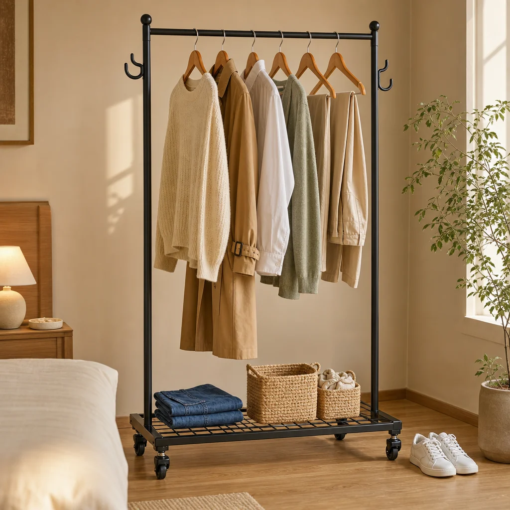 Clothing Rack organized in a bedroom