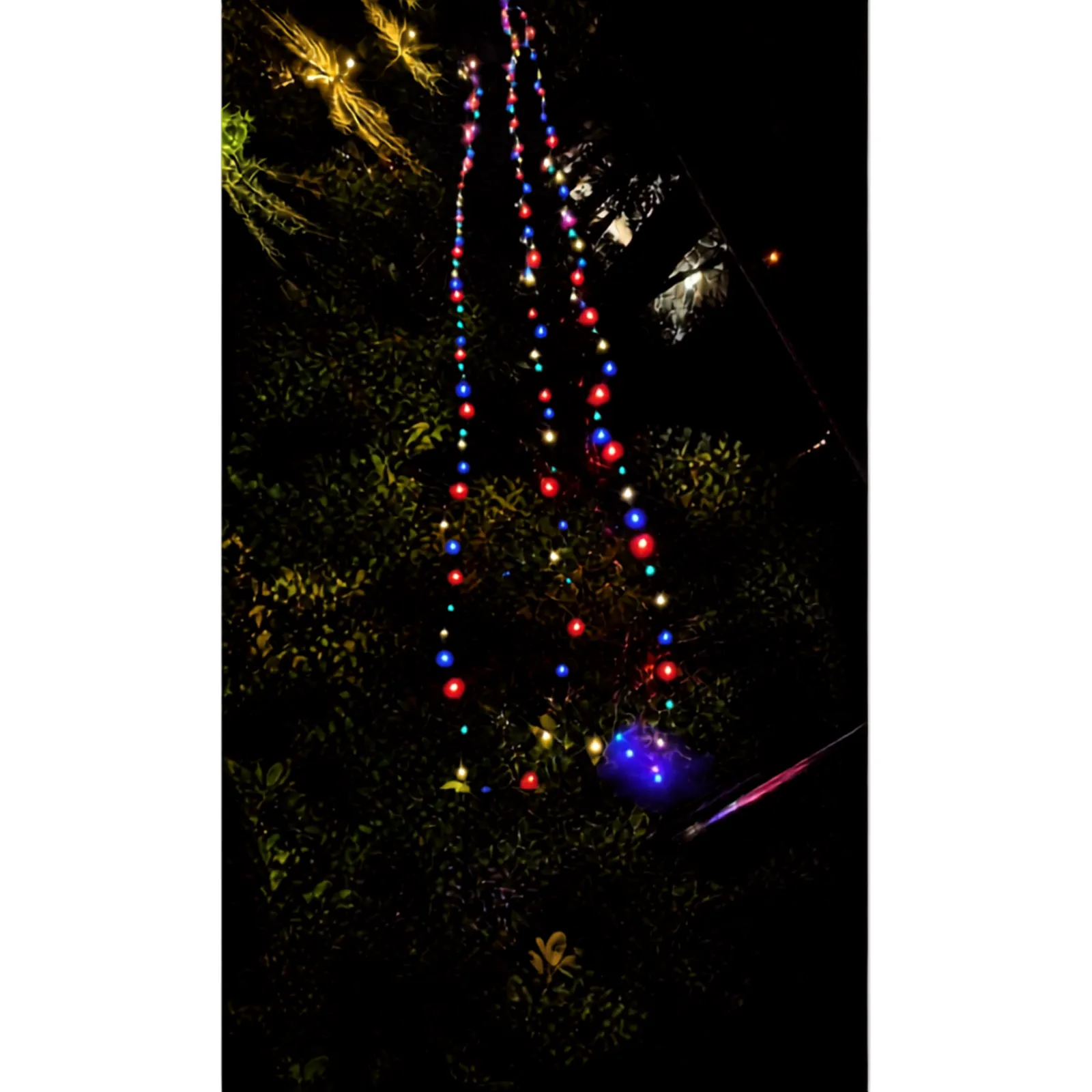Solar hanging lights descending through nighttime foliage