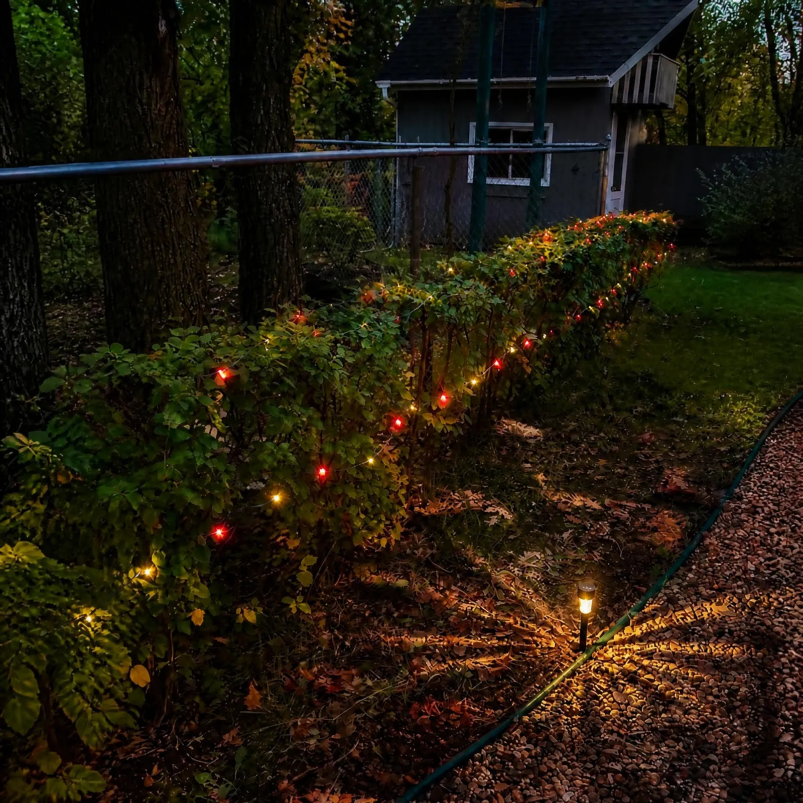Real outdoor lights illuminating a garden after dark