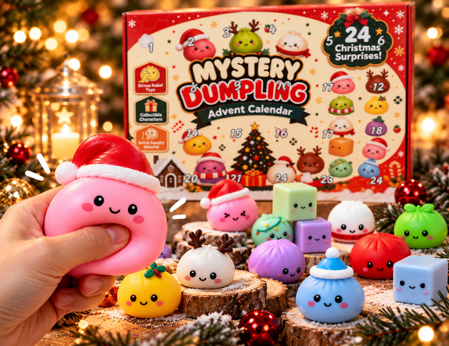 A festive dumpling squishy held in a hand