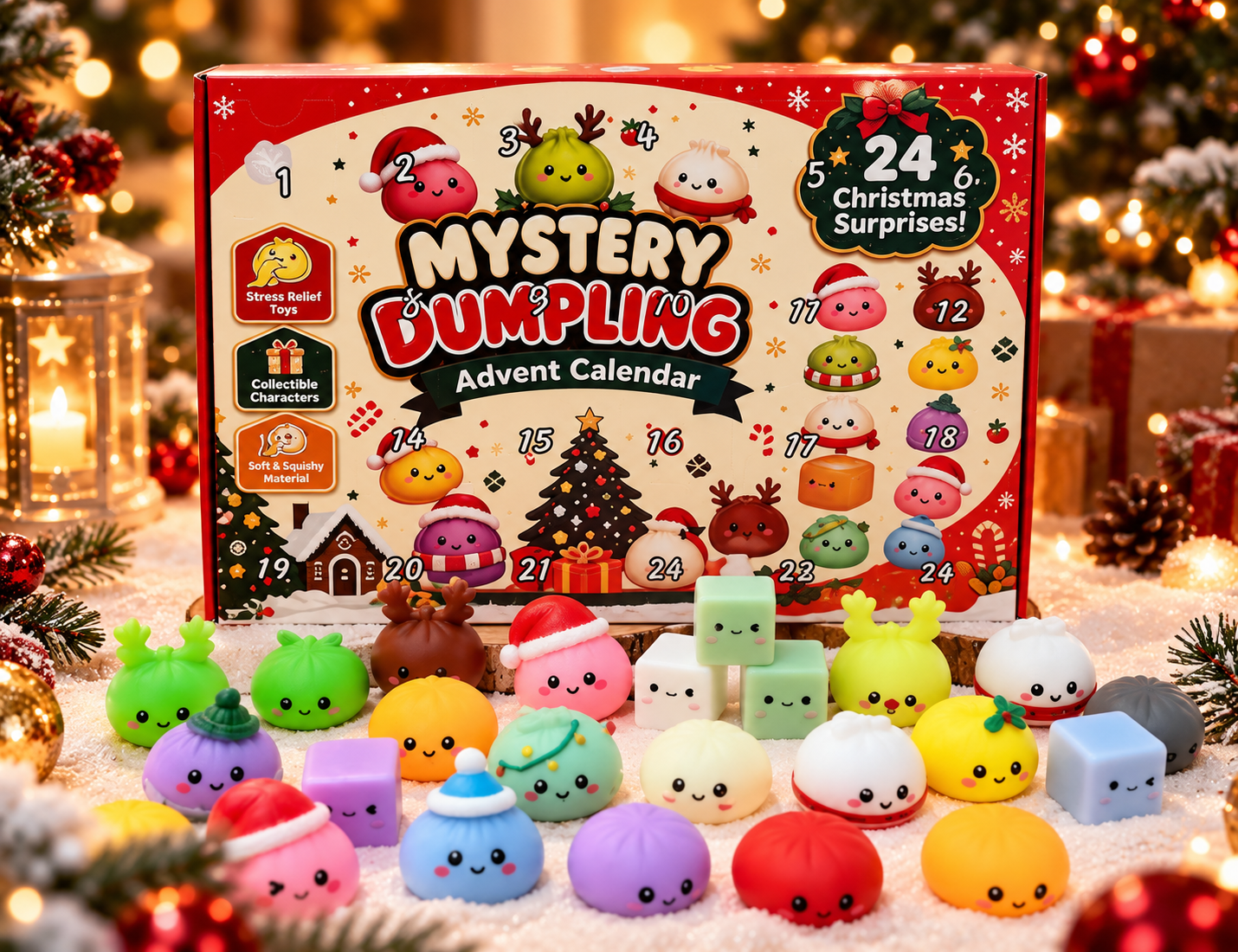 Dumpling Advent Calendar with festive squishies