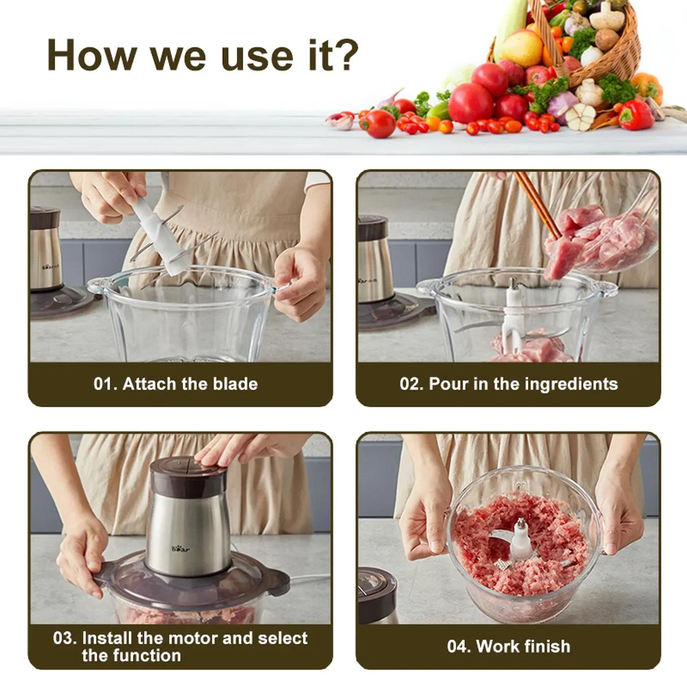 BEAR 2L Electric Food Chopper – 4 Stainless Steel Blades” 5