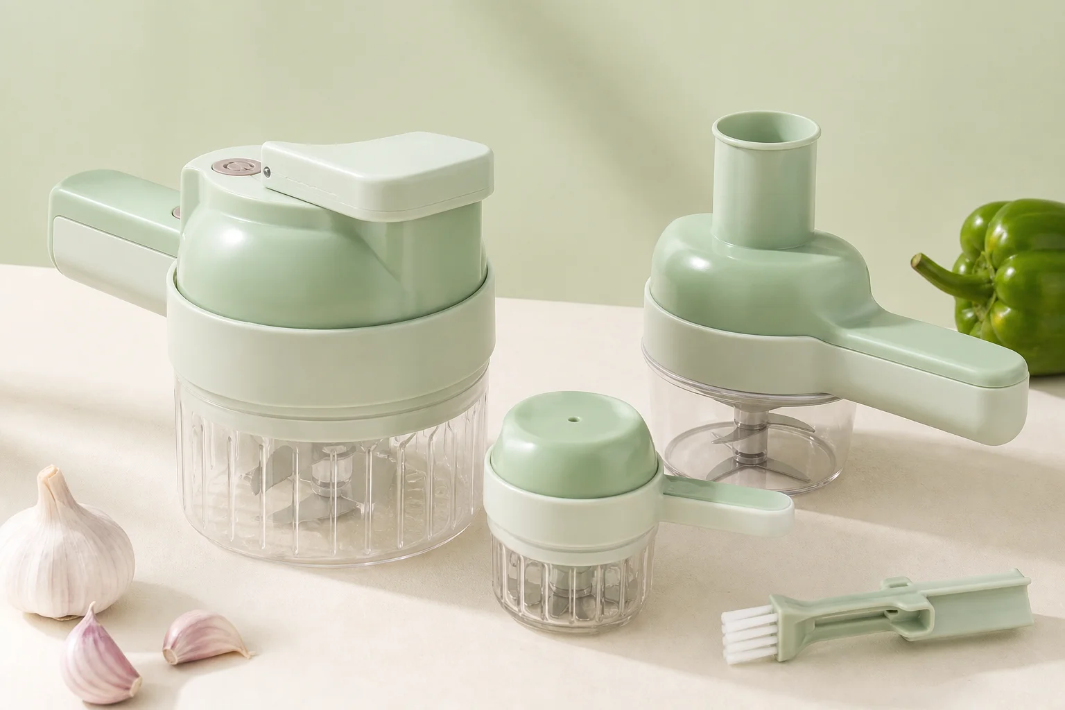 Mint green 4-in-1 vegetable cutter and attachments with fresh ingredients