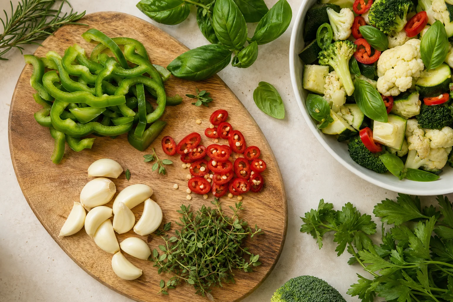 Fresh garlic, green peppers and chili prepared for a home-cooked meal