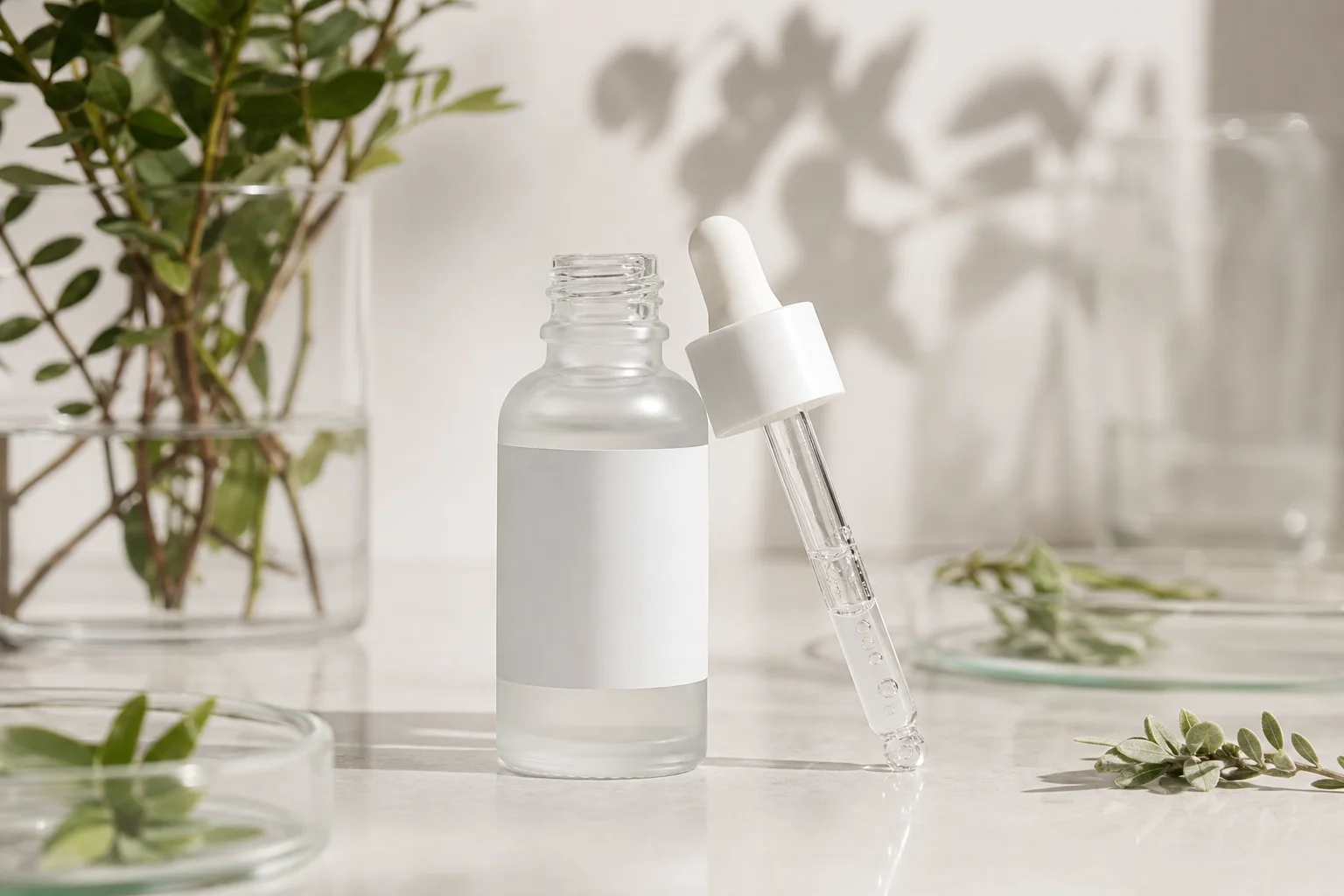 A calm clinical skincare still life