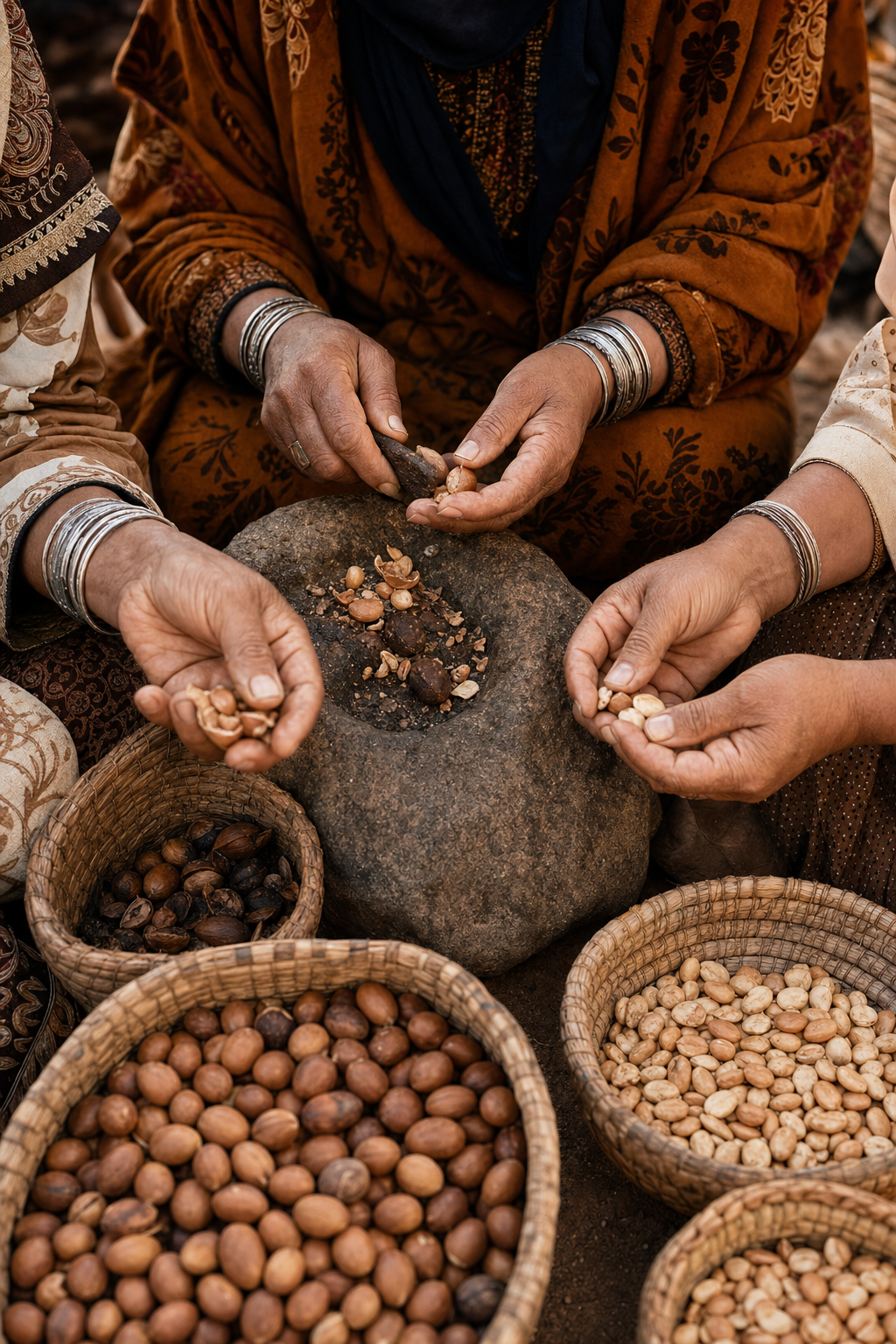 Berber women cracking argan nuts in the Atlas Mountains