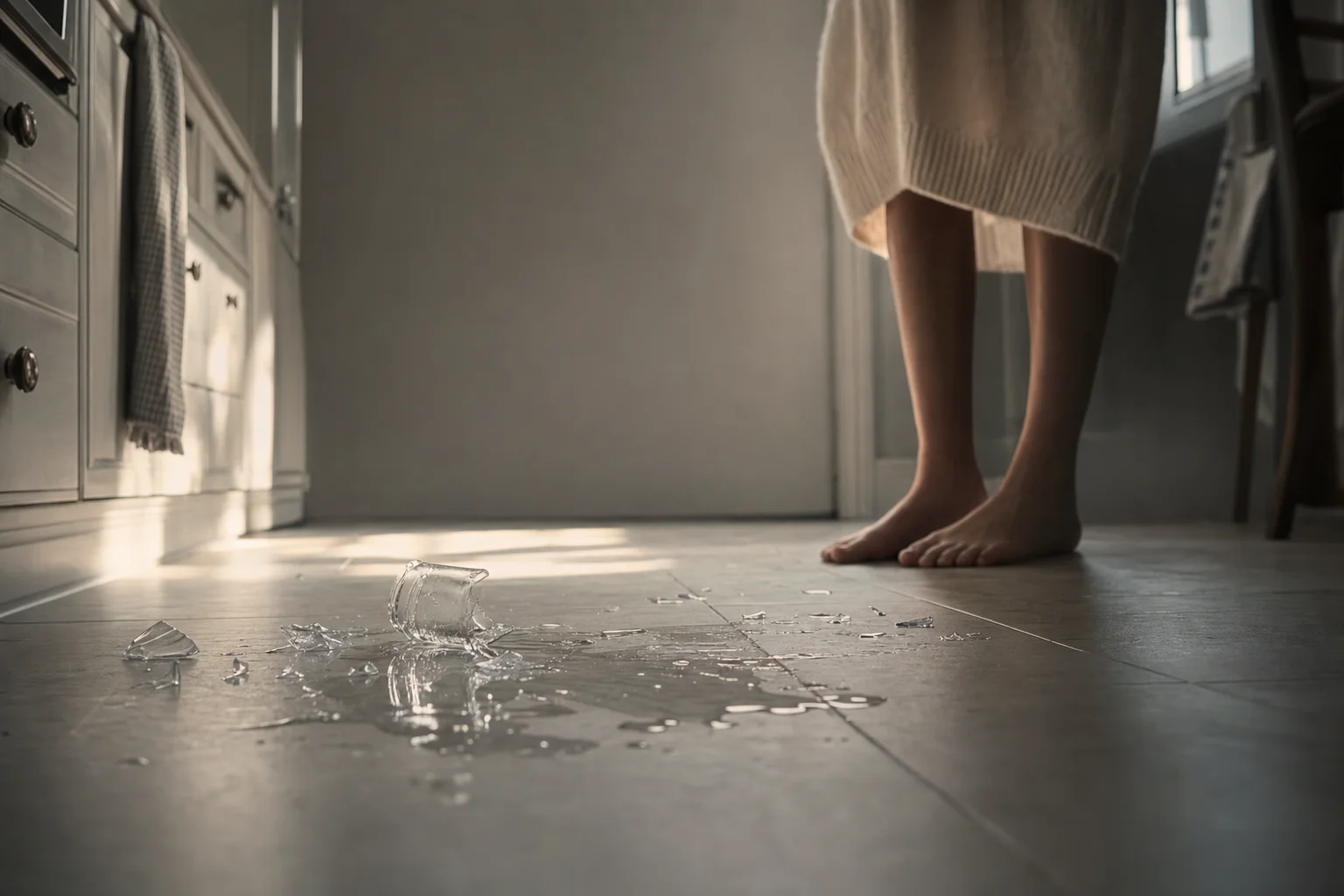 The moment after — a glass shattered on the kitchen floor