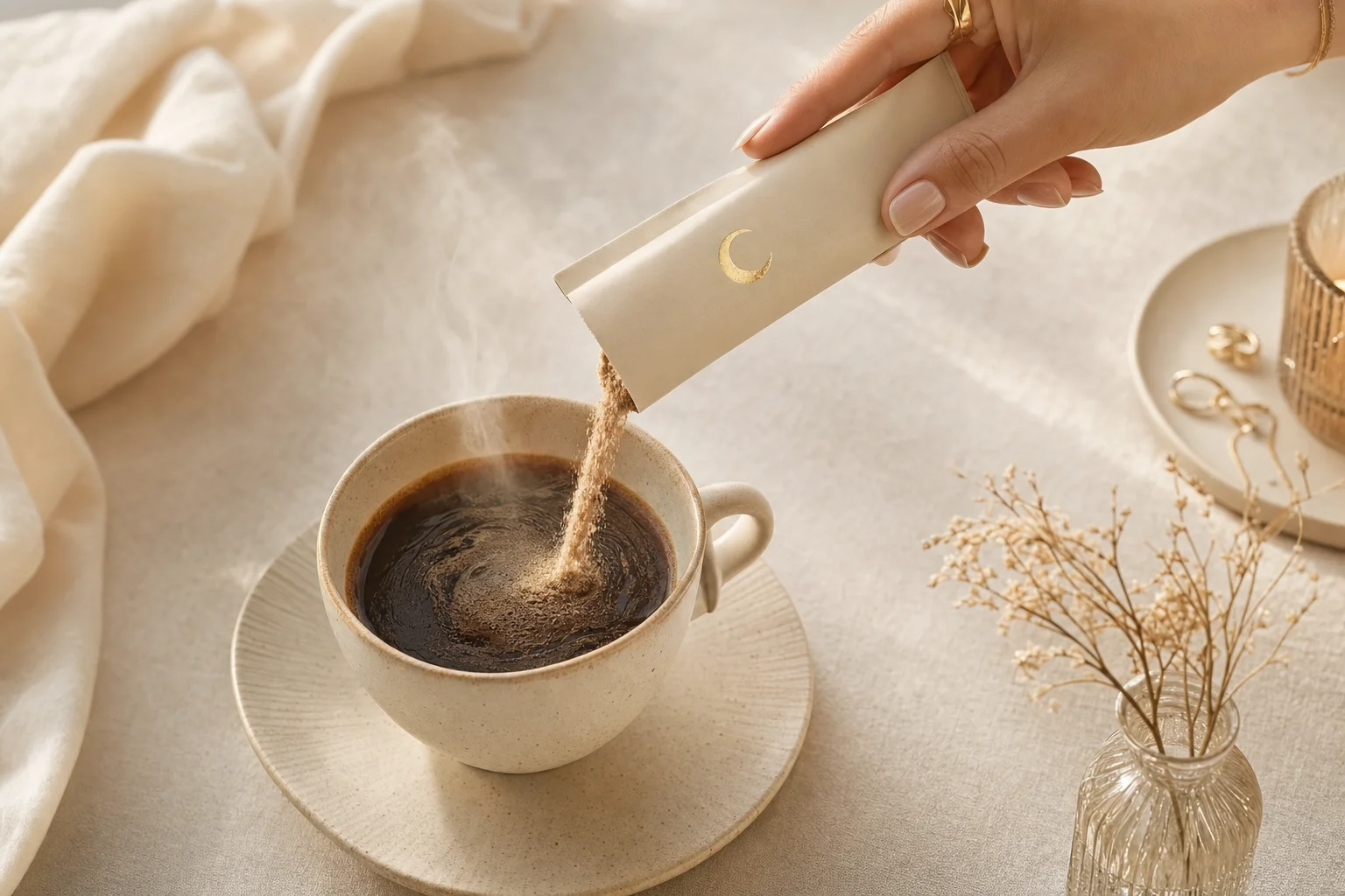 Pouring a Lutea Daily sachet into morning coffee