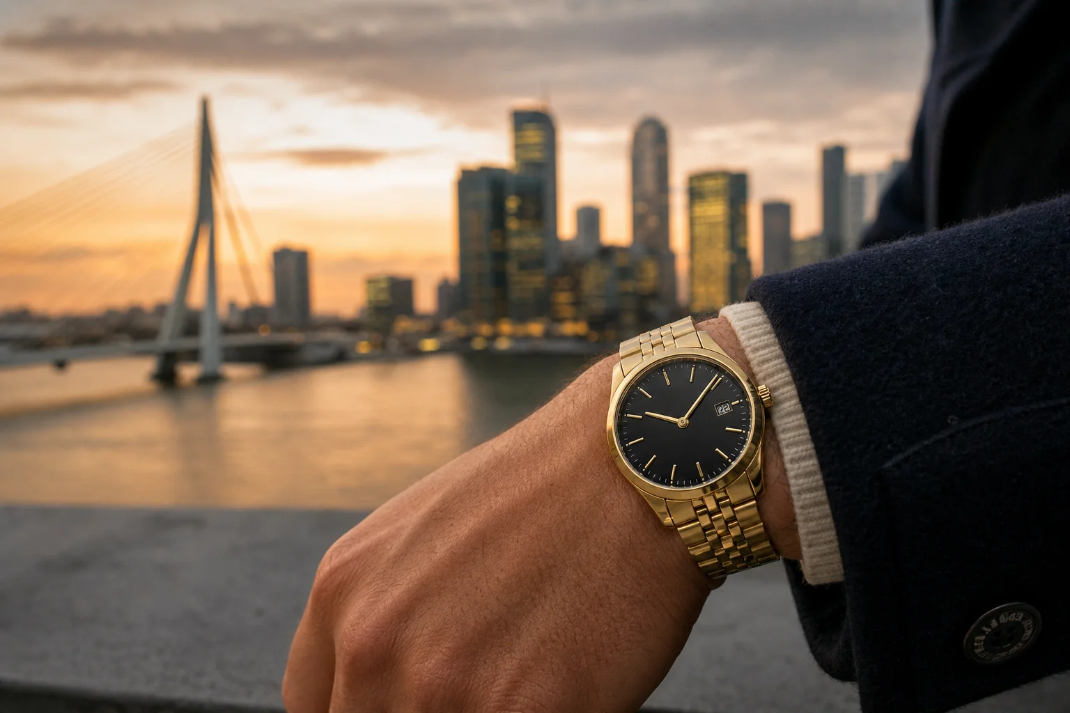 Rotterdam Watch aan de pols, met de Erasmusbrug op de achtergrond